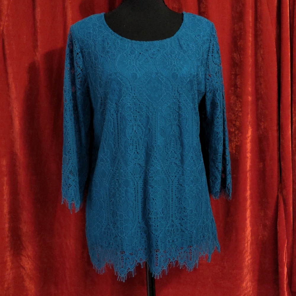 Three Pink Hearts Teal lace blouse sz L